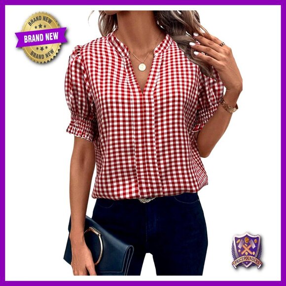 Tops - Puff Sleeve Blouse Gingham Print V Neck Dressy Casual Shirt Top Chic